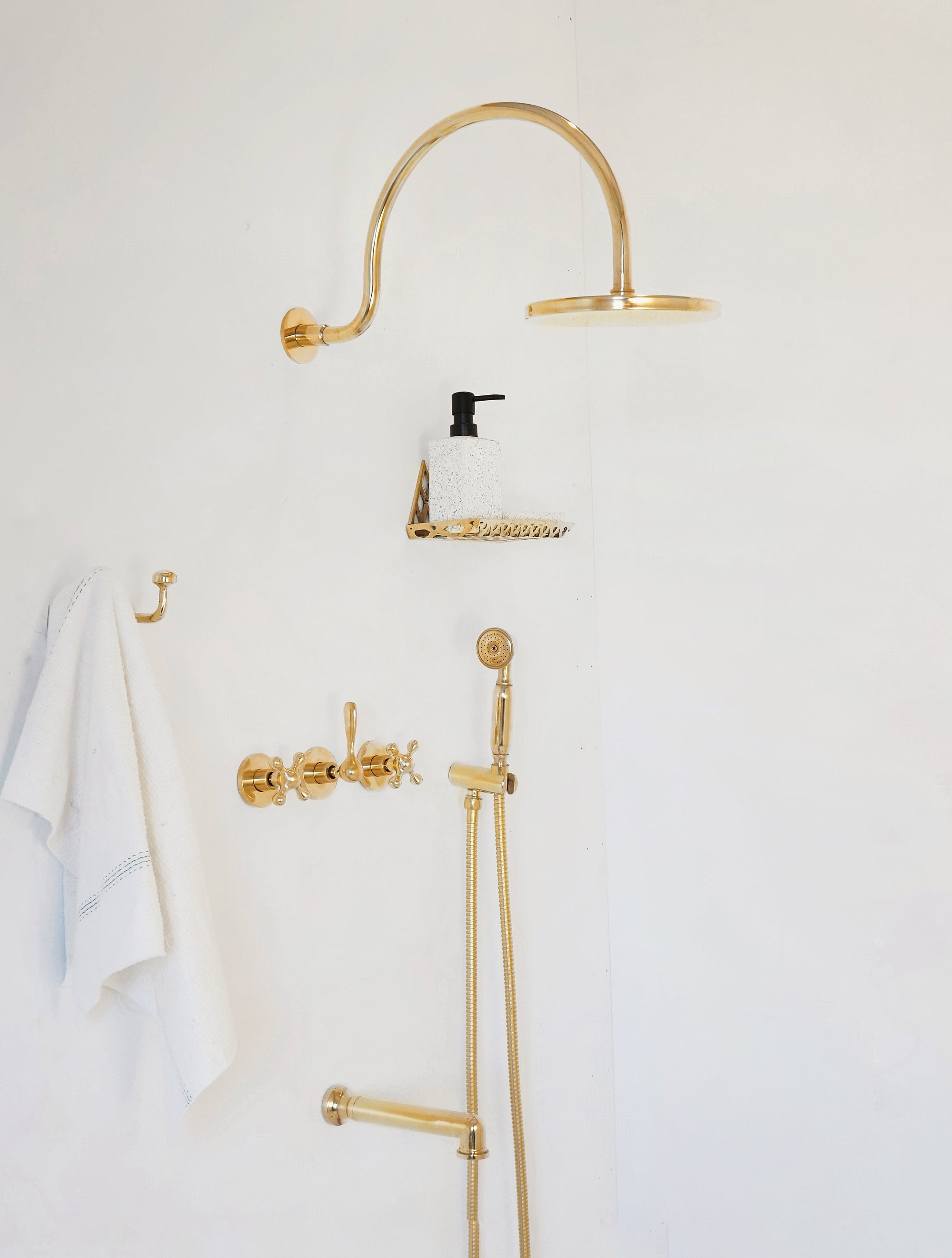 Unlacquered Solid Brass Shower System, High Pressure Curved Arm